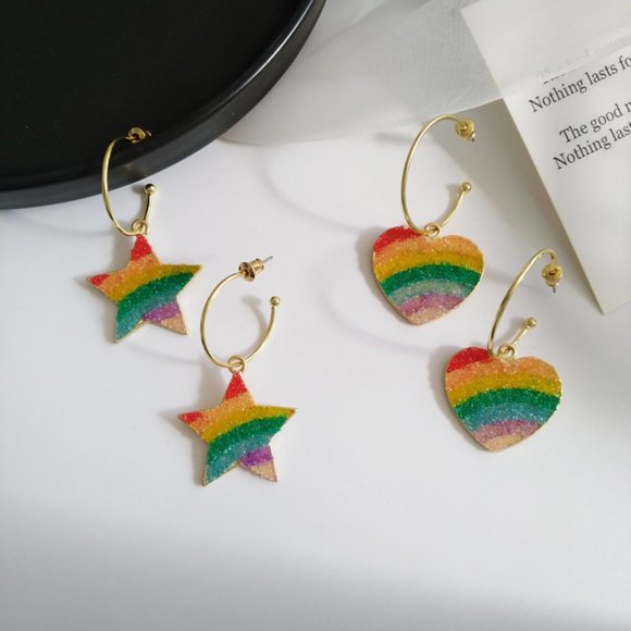 Rainbows 🌈💙Pride LGBTQ Heart Star Hoop Earrings - Picture 2 of 9
